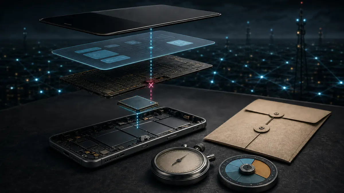 Illustration conceptuelle d’un téléphone démonté en couches avec une connexion interrompue, une enveloppe et des instruments non chiffrés