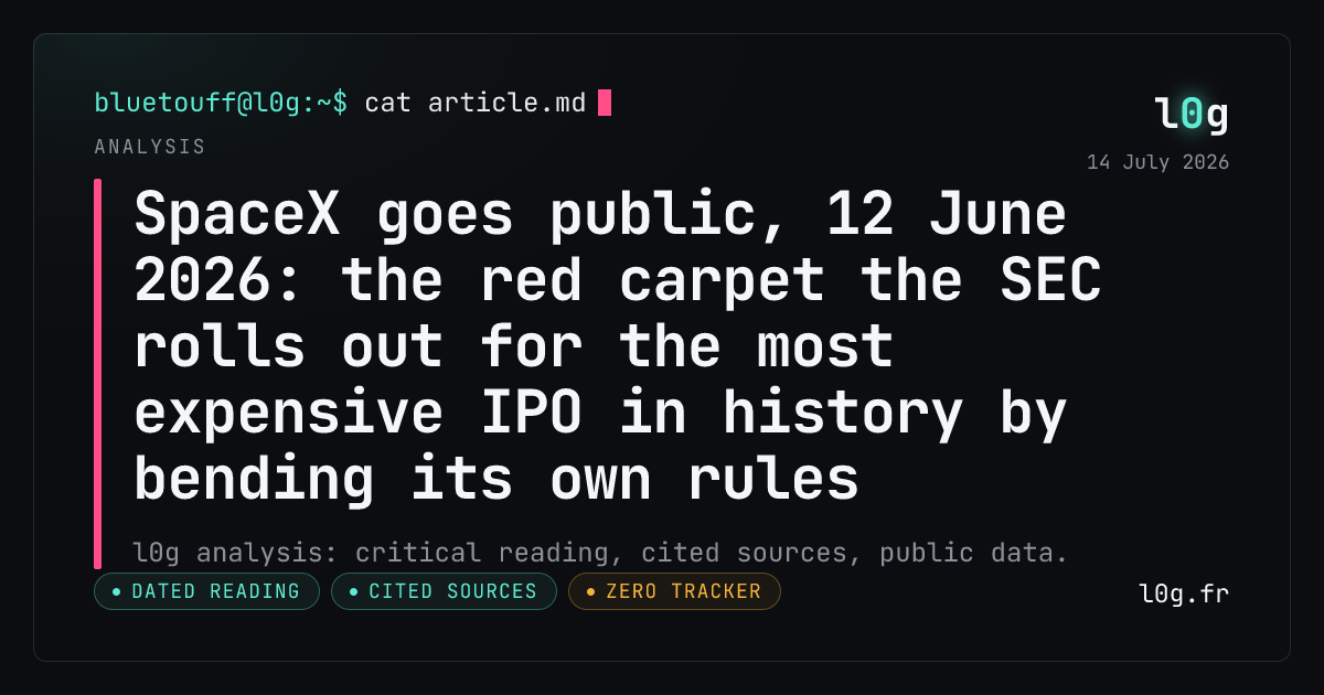 Illustration for the analysis: SpaceX goes public, 12 June 2026: the red carpet the SEC rolls out for the most expensive IPO in history by bending its own rules
