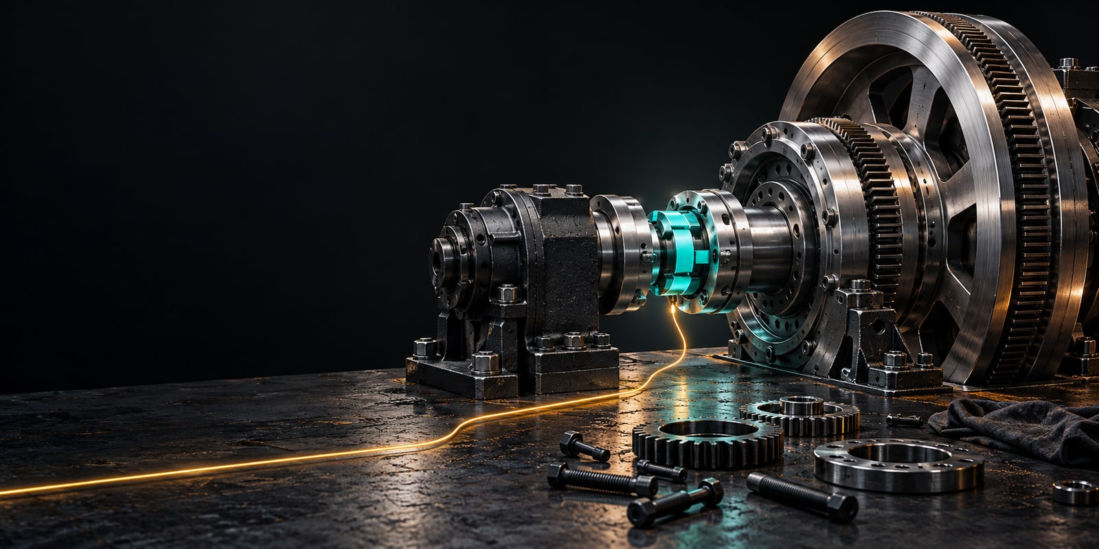 Un mécanisme de transmission en acier, raccordé par une pièce turquoise, sur un établi traversé par une trace lumineuse ambre.