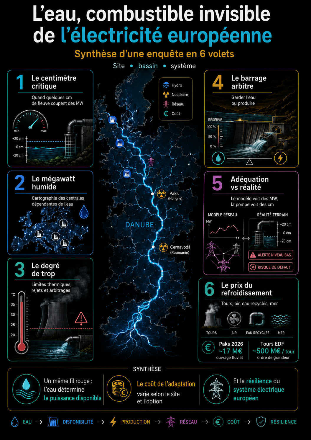 Infographie des six volets de l’enquête : centimètre critique, mégawatt humide, degré de trop, barrage arbitre, adéquation face au terrain et prix du refroidissement, autour du Danube et du système électrique européen.