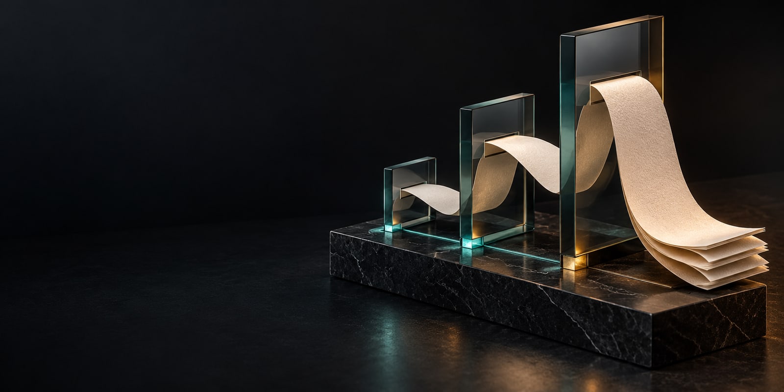 Illustration conceptuelle : un ruban continu de papier ivoire traverse trois cadres en verre fumé sur des socles de basalte, reliés par un fil turquoise.