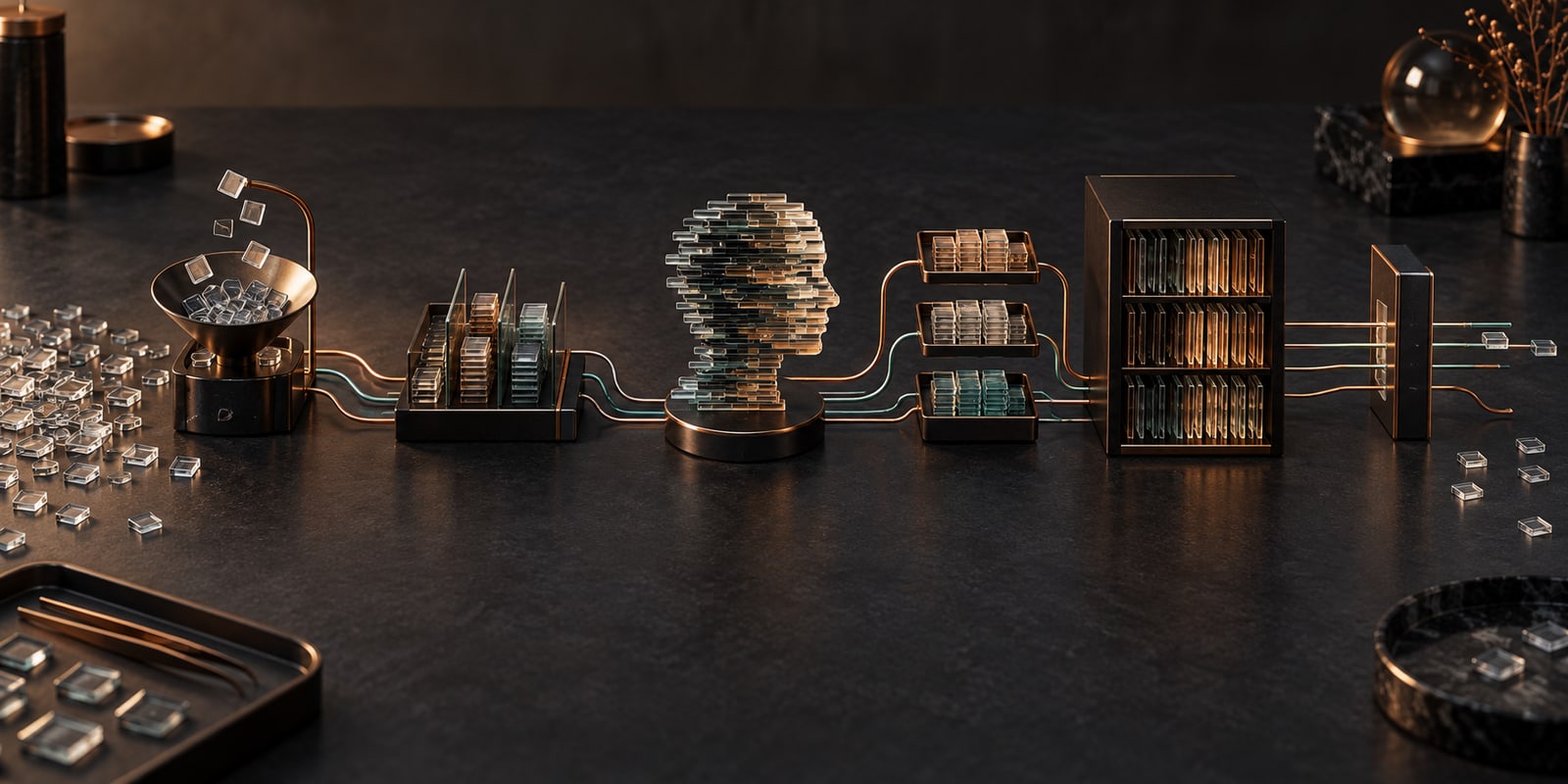 Des fragments de verre traversent six stations : collecte, tri, profil, distribution, archive et retrait.