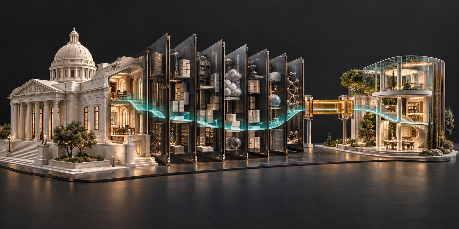 Un bâtiment public est relié par un chemin turquoise à un espace de travail, à travers des parois de verre contenant serveurs et documents. Composition conceptuelle.